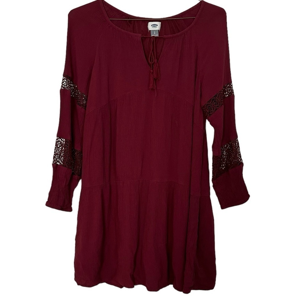 Old Navy Dress Burgundy Tunic Ruffle Tiered Peasant Front Tie Size PS